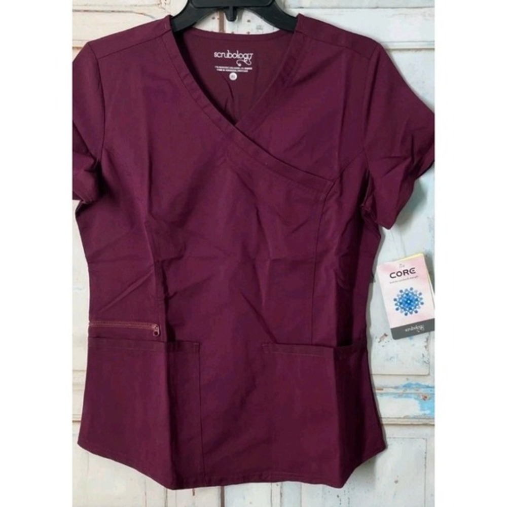 Scrubology‎ Women's XS Wine Red Mock Wrap Top Medical Scrubs NWT Uniform Top